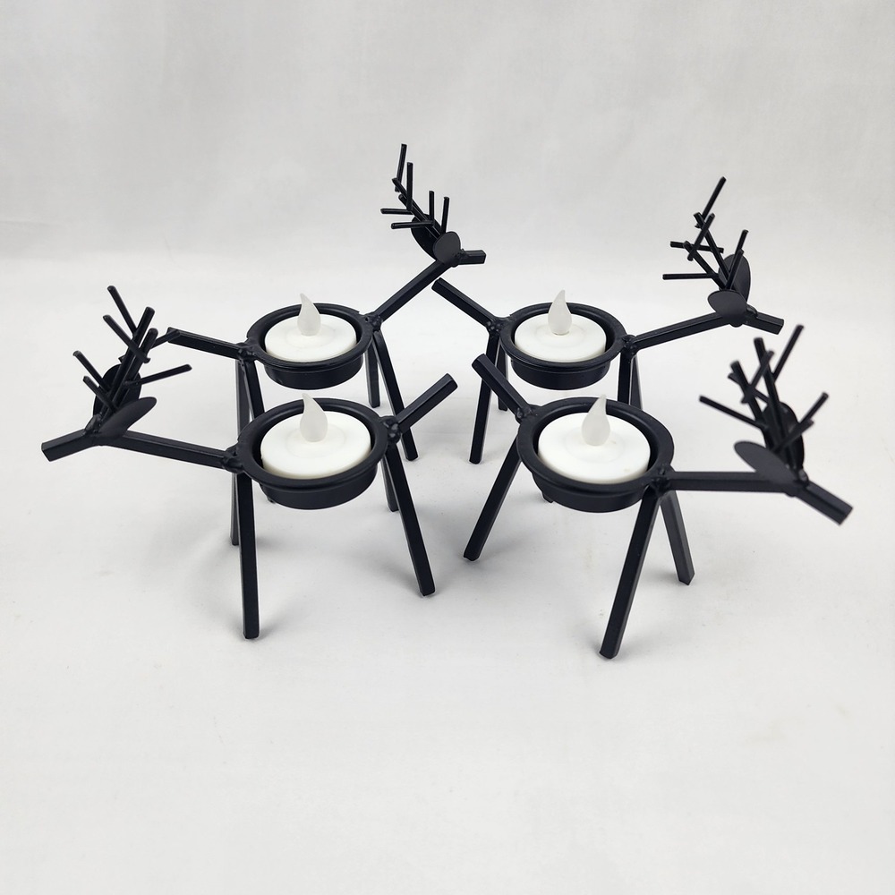 4 Metal Reindeer Candleholders Antique Black 5"x5" Holiday‎ Primitive Farmhouse